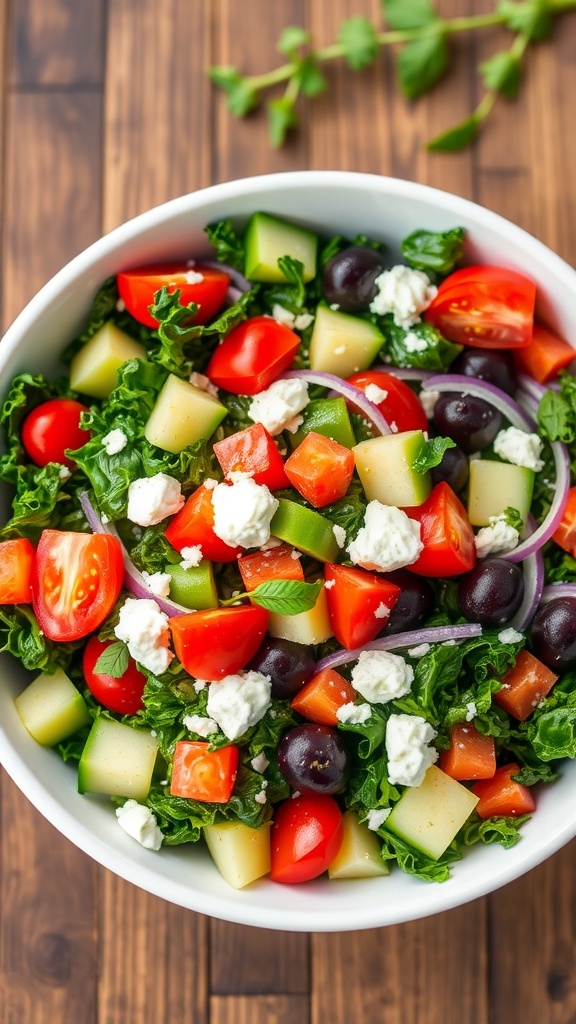 A colorful Kale Greek Salad with kale, tomatoes, cucumber, olives, and feta cheese in a bowl on a wooden table.